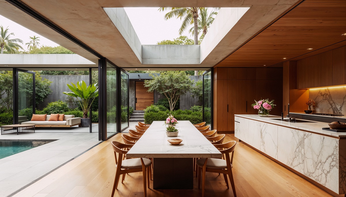 outdoor kitchen and dining area near a swimming pool and lounge area